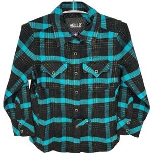 NWT HELLZ TEAL BLACK PLAID COLLARED BUTTON UP LONG SLEEVE 100% COTTON, SMALL